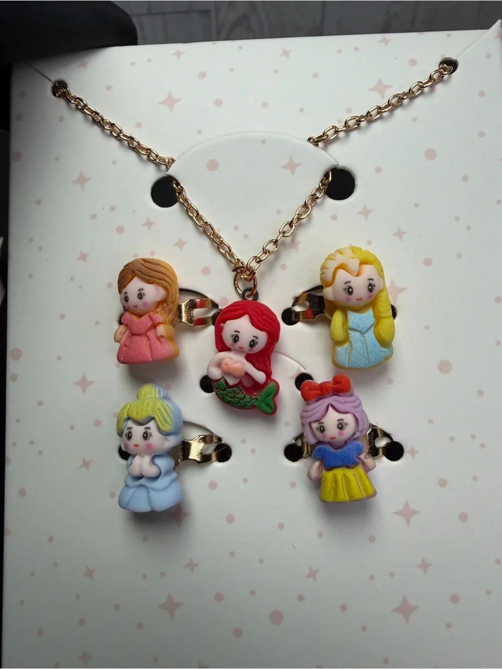 UNIFULL Kids Princess Charm Necklace And Ring Set in Pastel Colors Gold Tone